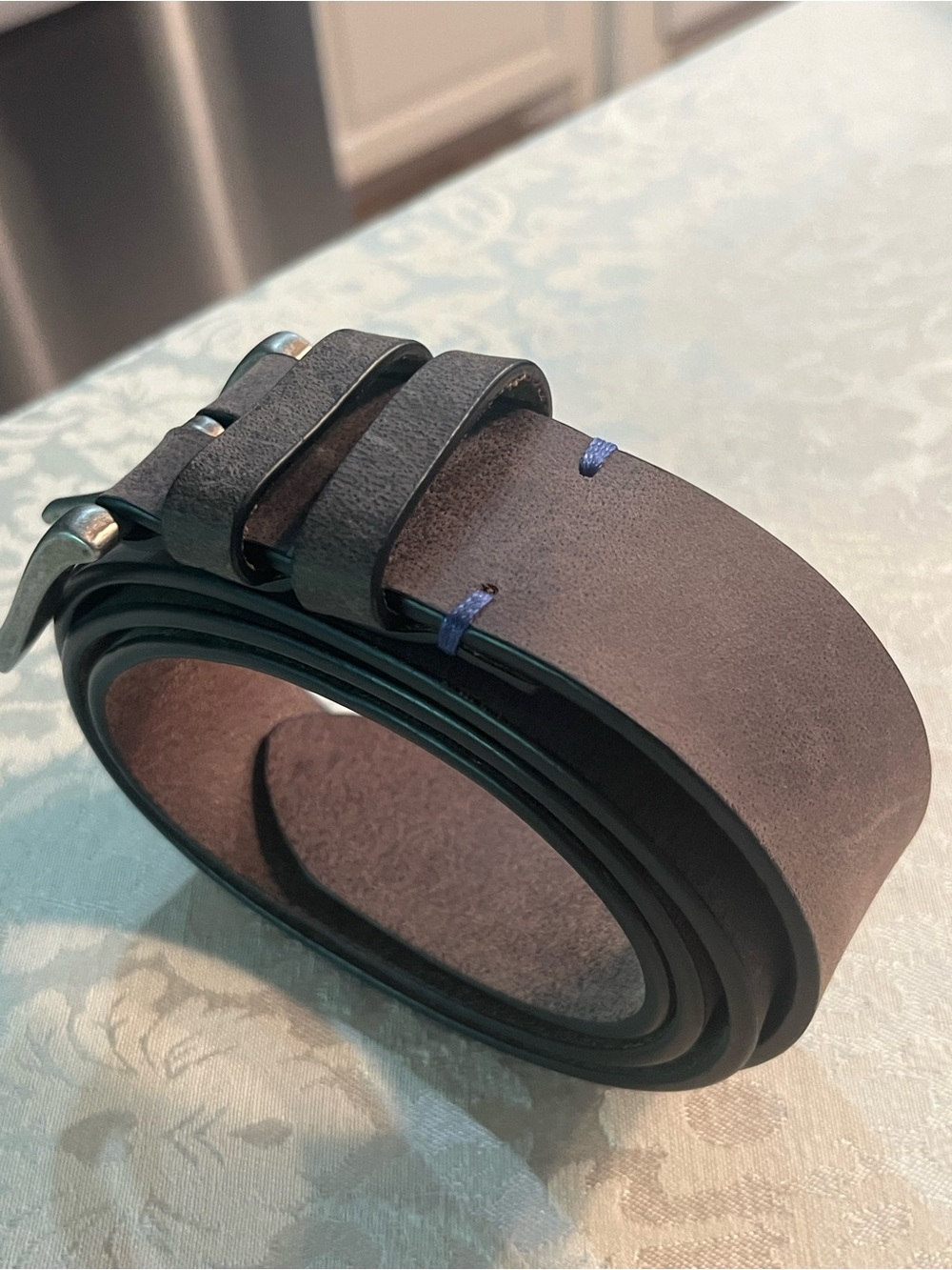Leather Men's Belt - Grey with Blue Stitch Accent